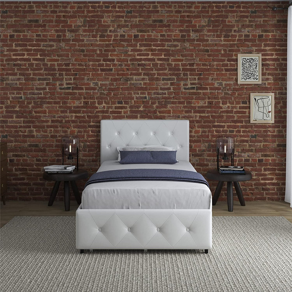 White Faux Leather Upholstered Platform Bed with Storage Drawers, Twin B8030