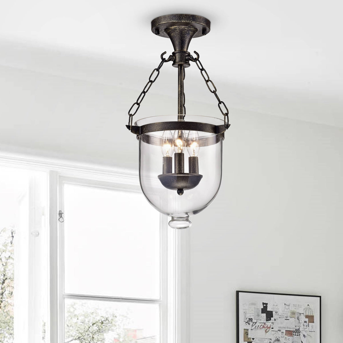 Antique Bronze 3-Light Glass Lantern Semi Flush Mount K332