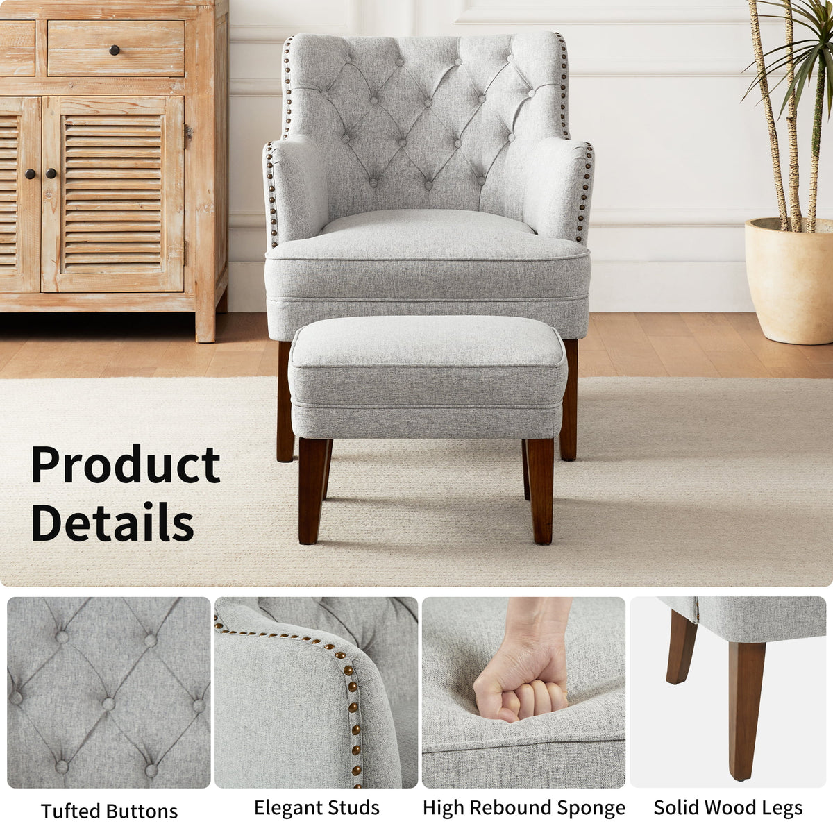 Beige Accent Chair with Ottoman Set Y478