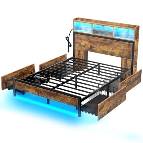 Queen Bed Frame with Storage, 4 Drawer, USB Charging Station, LED Lights, Bookcase Headboard, Black I628466