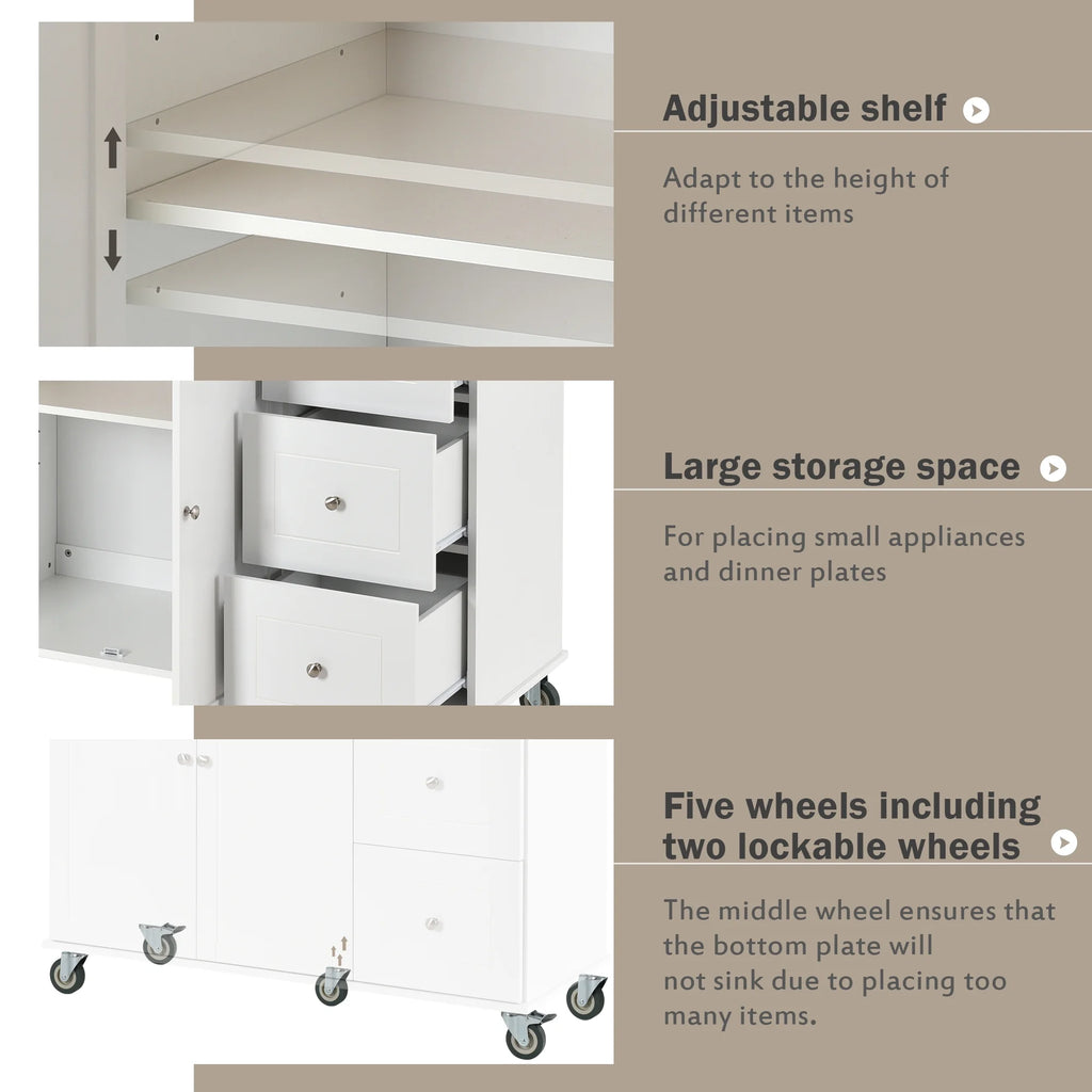 White Dining Island Cart with 2 Lockable Wheels and Drop-Leaf Tabletop X1260