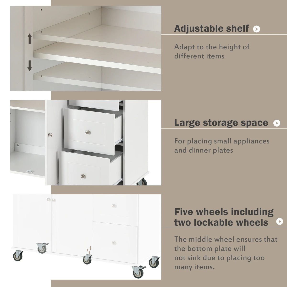 White Dining Island Cart with 2 Lockable Wheels and Drop-Leaf Tabletop X1260
