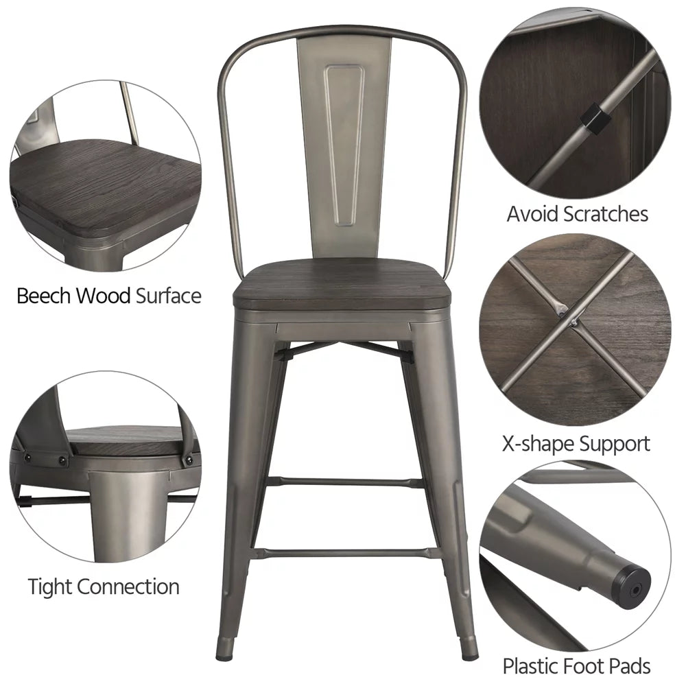 4pcs Industrial Metal Bar Stool with Solid Wood Seat E533872