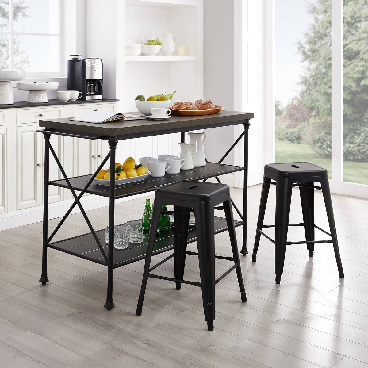3 Piece Kitchen Island 2 Stools Set Brown Black A3981
