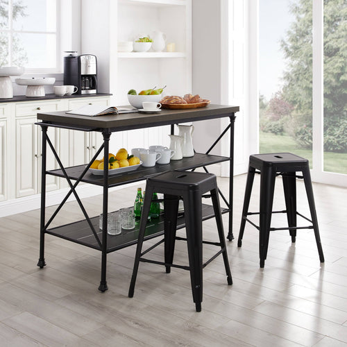 3 Piece Kitchen Island 2 Stools Set Brown Black A3981