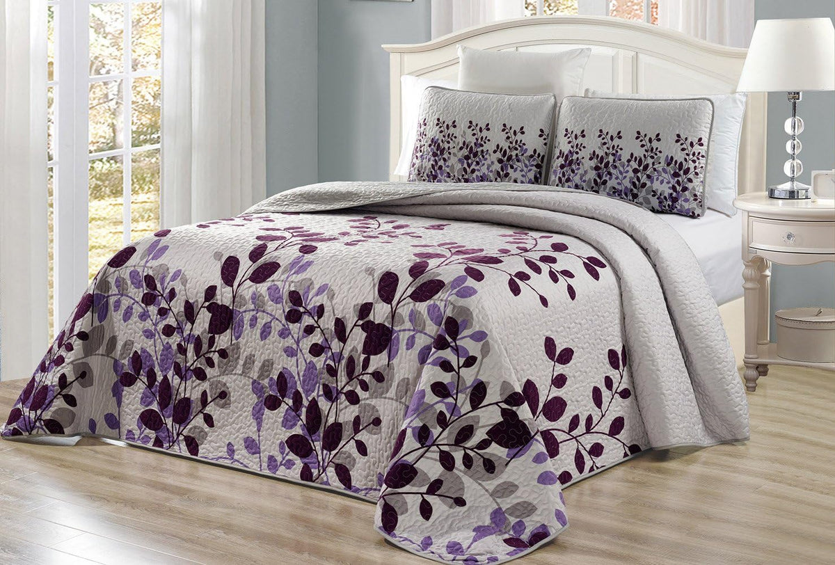 Purple Grey Vine Reversible King Size Quilt Set N73831