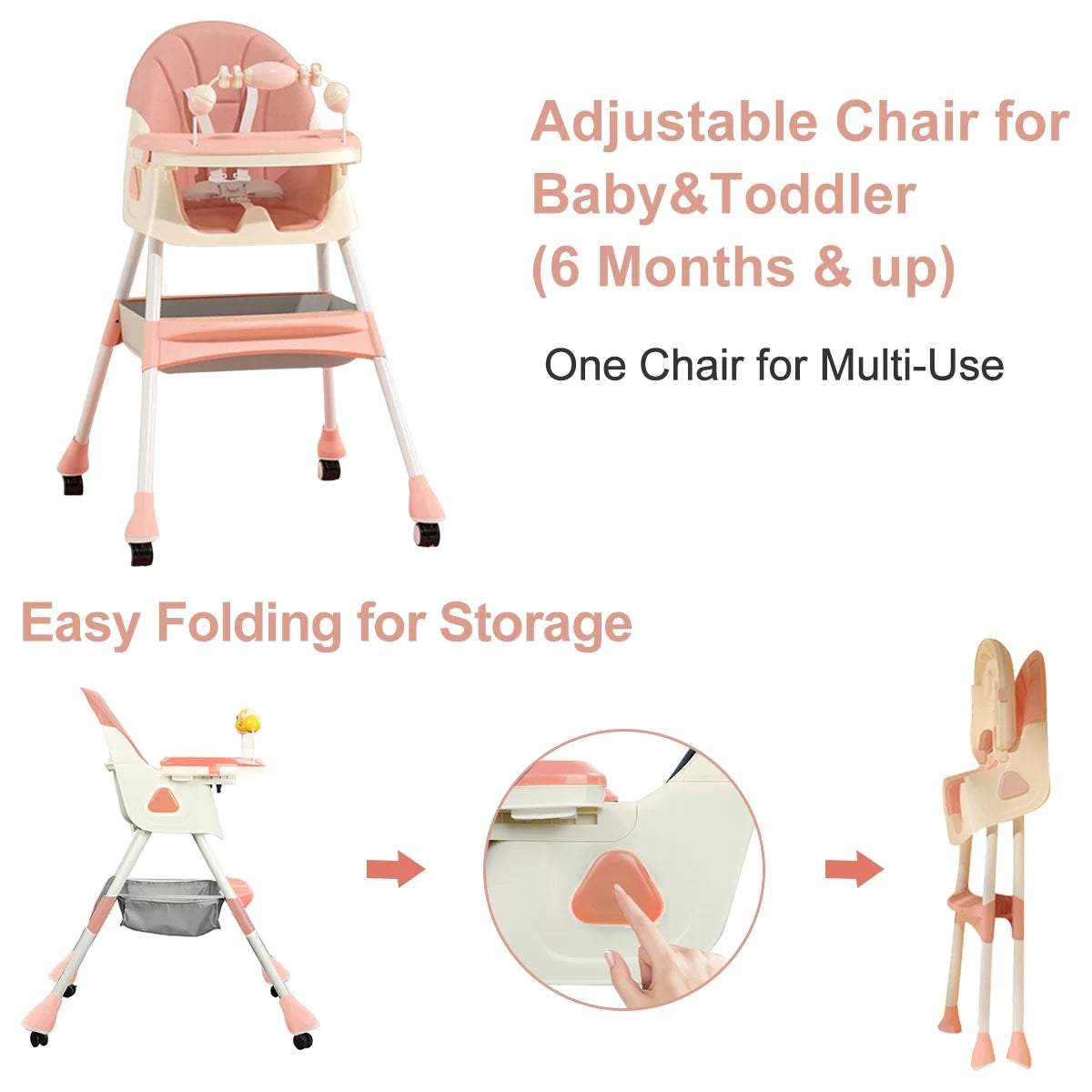 Pink 4-in-1 Baby Highchair with Five-Point Snap Button S8289