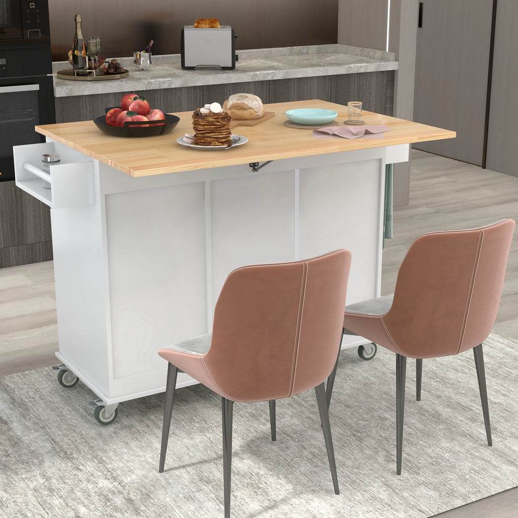 White Dining Island Cart with 2 Lockable Wheels and Drop-Leaf Tabletop X1260
