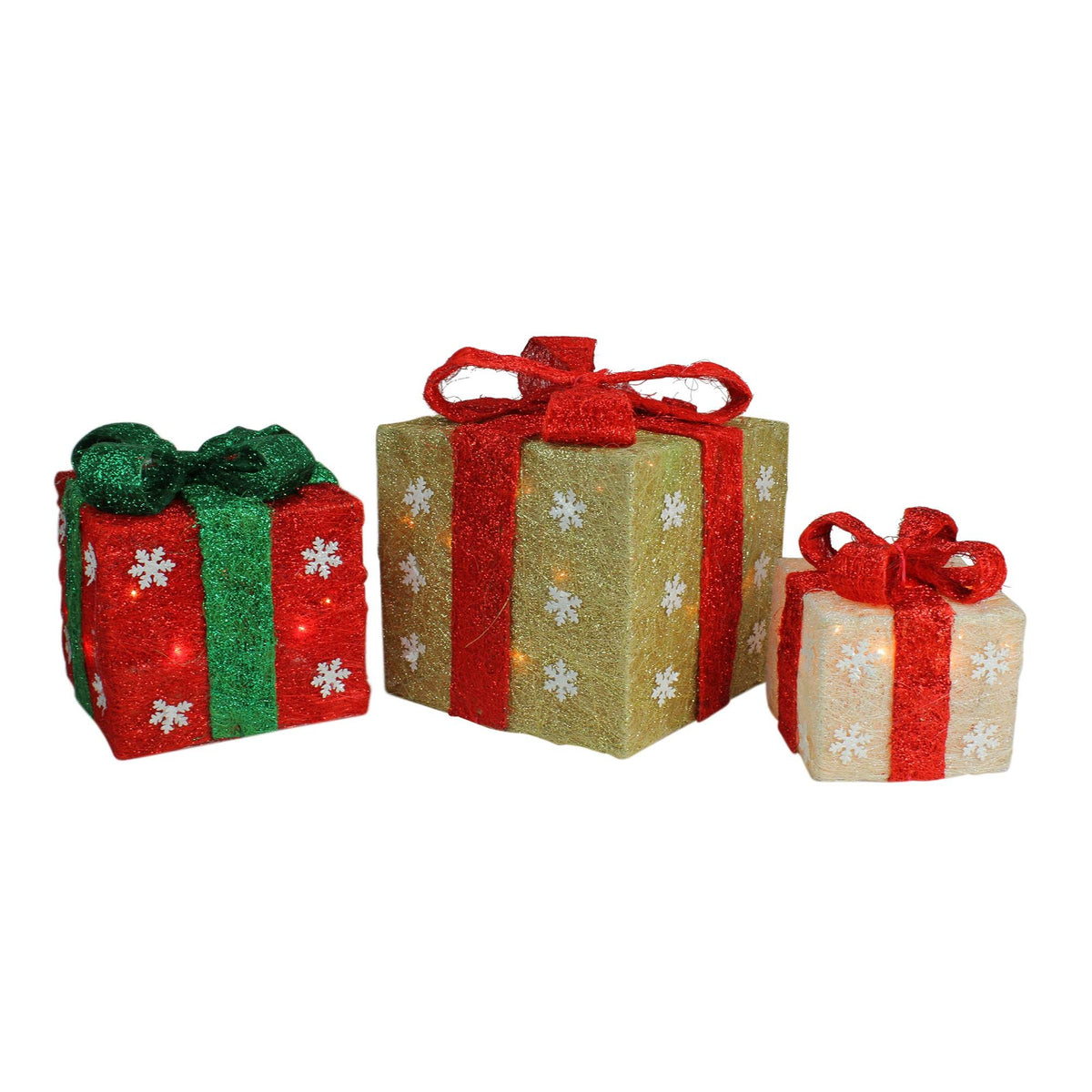 Set of 3 Lighted Gold Green and Cream Gift Boxes Christmas Yard Art Decorations V946459