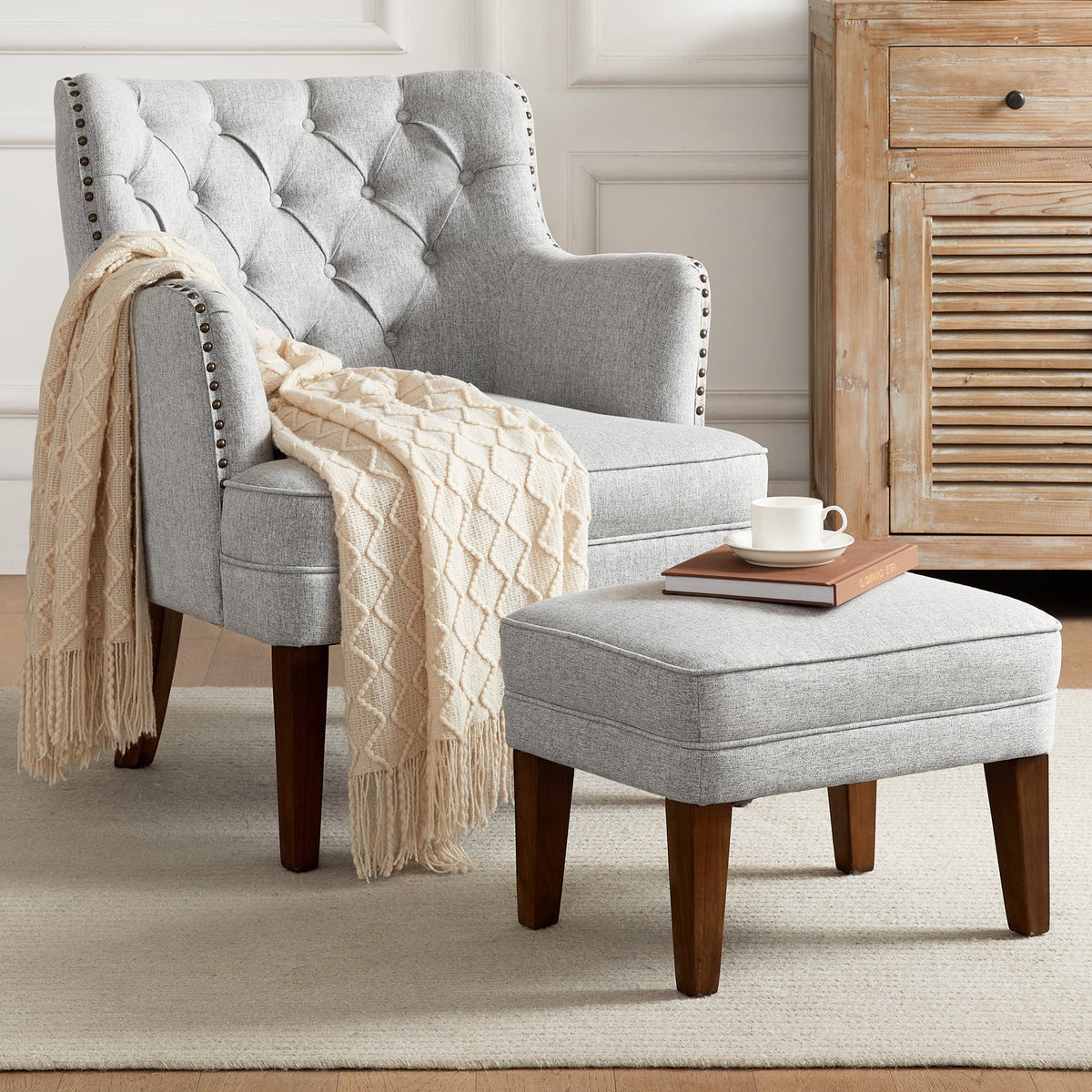 Beige Accent Chair with Ottoman Set Y478