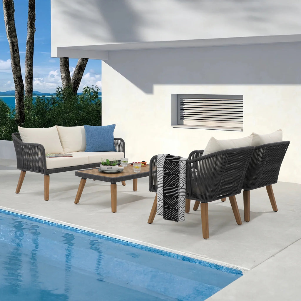 Cream White Acacia Wood Patio Rope Sofa Set with Coffee Table R4892