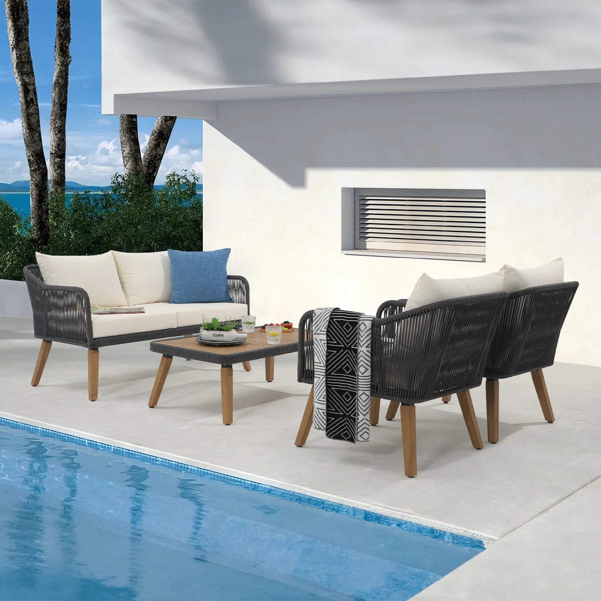 Cream White Acacia Wood Patio Rope Sofa Set with Coffee Table R4892