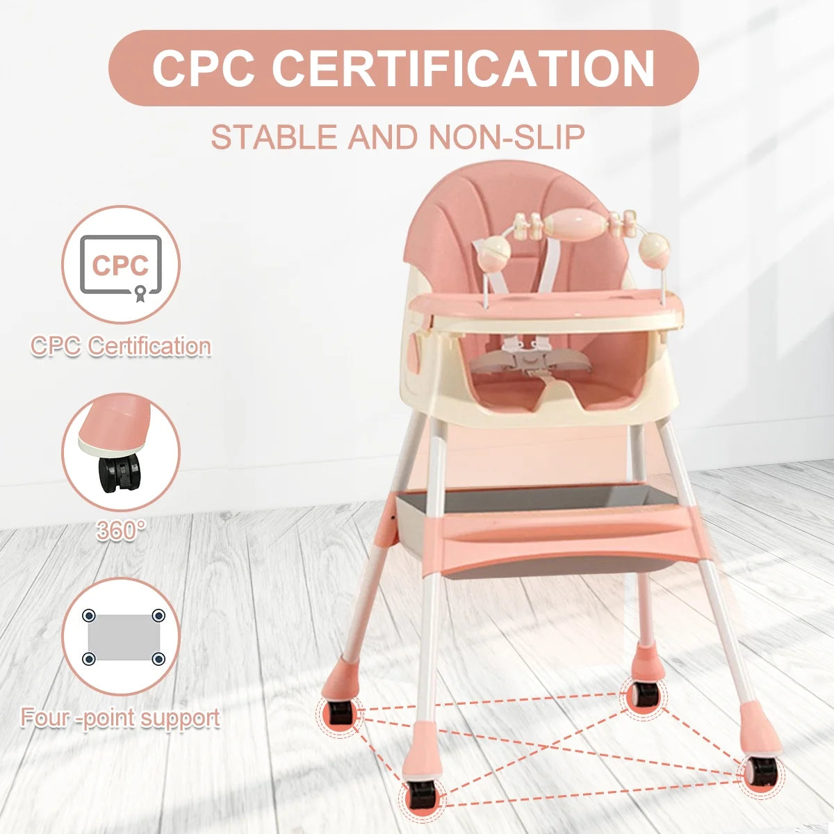 Pink 4-in-1 Baby Highchair with Five-Point Snap Button S8289
