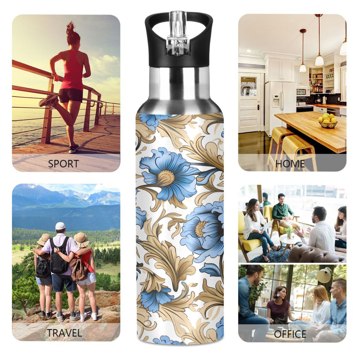Blue Flowers Gold Leaves Stainless Steel Insulated Water Bottle A739