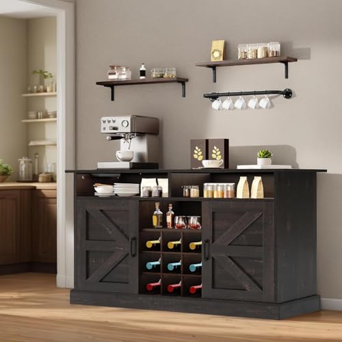 Rustic Brown Buffet Cabinet with Power Outlet and Floating Shelves B796654