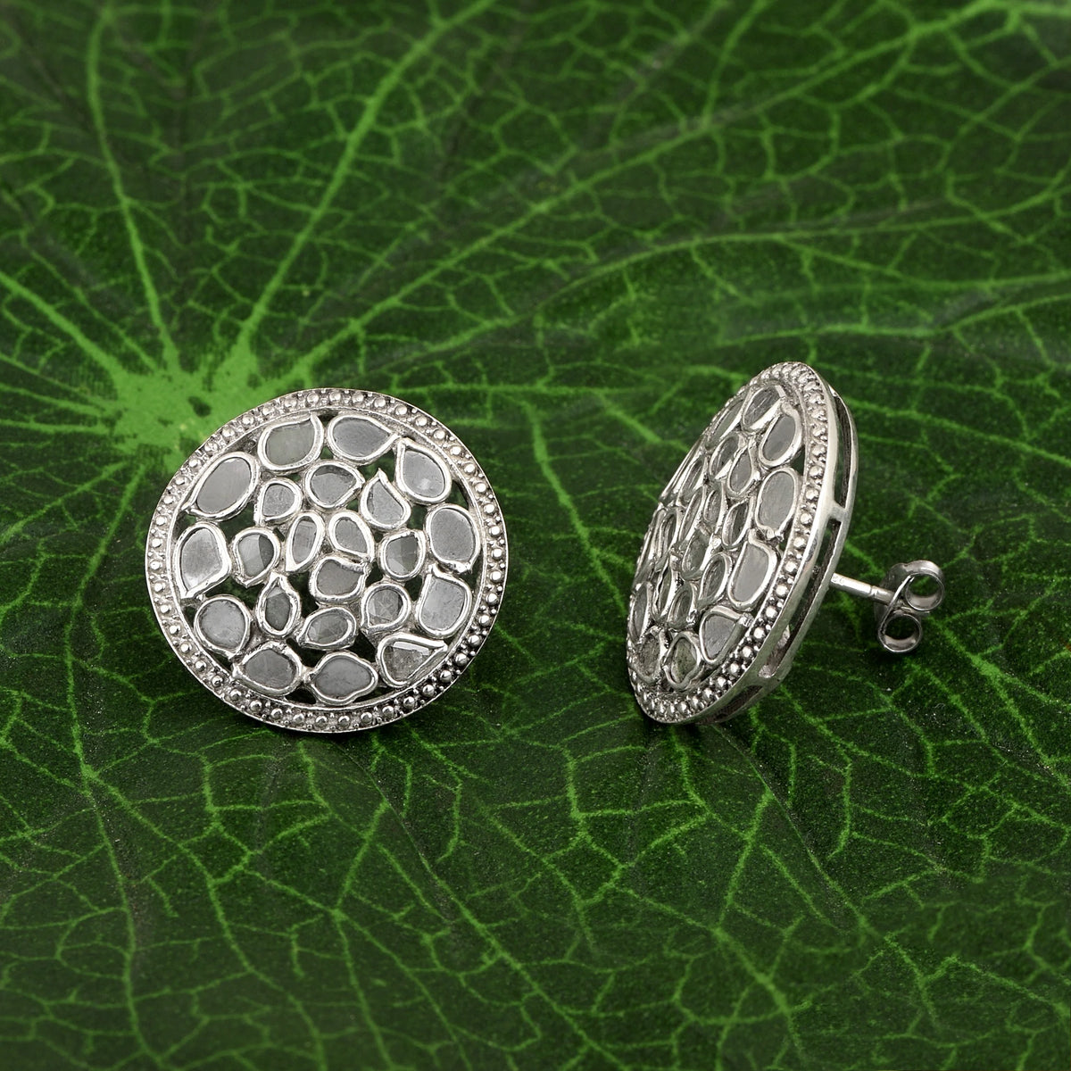 1.85 CTW Natural Diamond Polki Round Stud Earrings 925 Sterling Silver Platinum Plated S655922