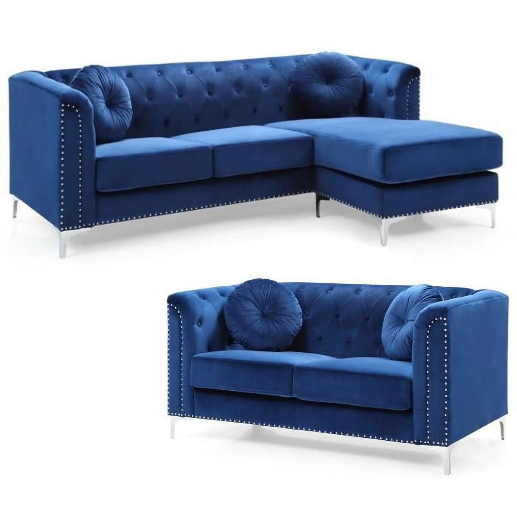 Velvet Sofa Chaise and Loveseat in Navy Blue Q70029