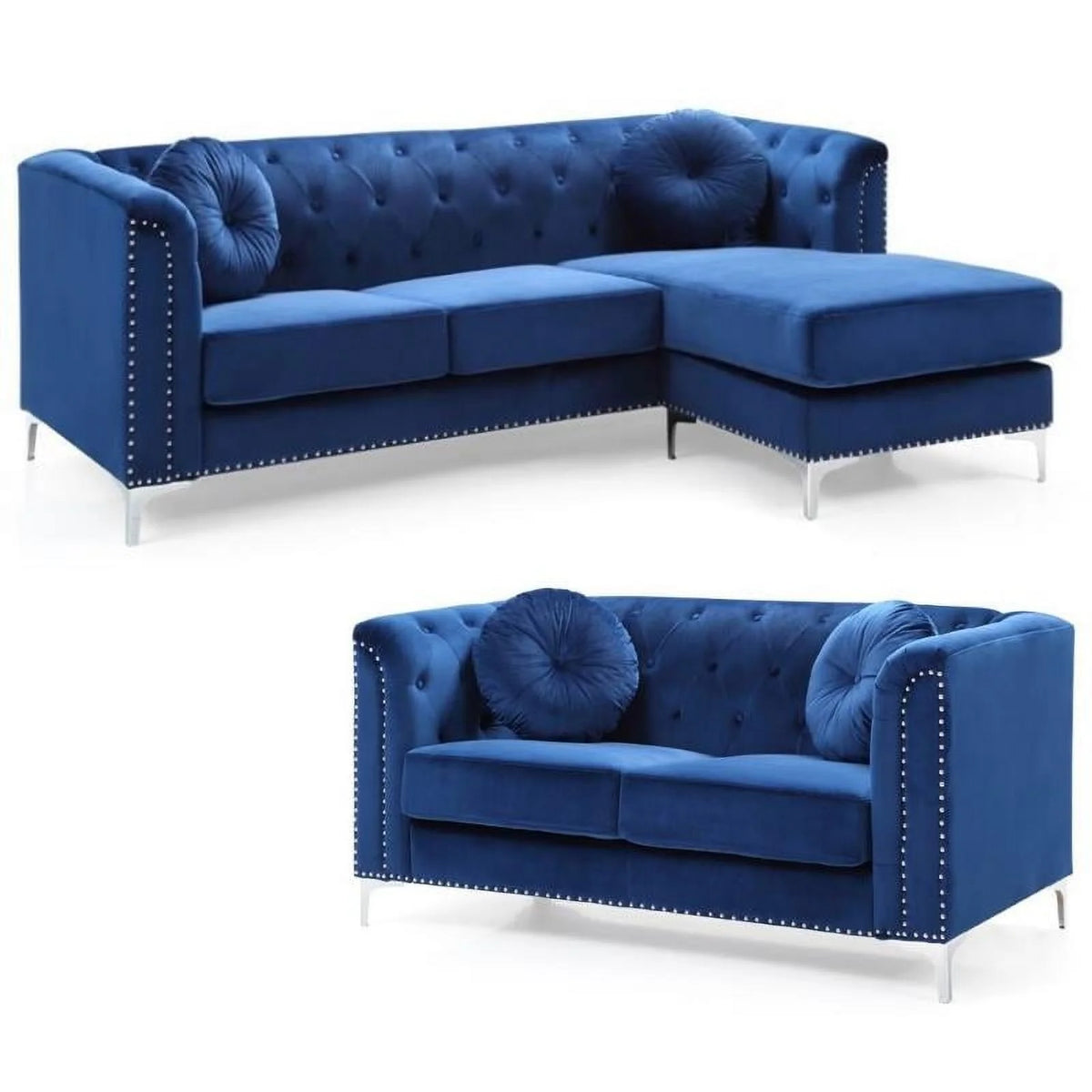 Velvet Sofa Chaise and Loveseat in Navy Blue Q70029