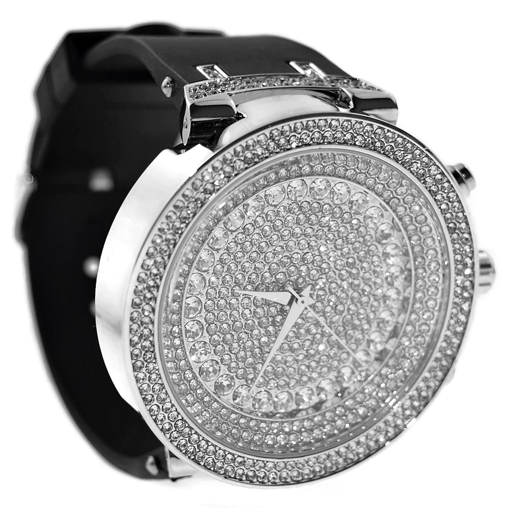 Silver Tone Hip Hop Watch with Black Band P14493