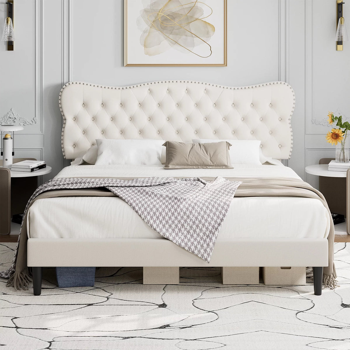 Queen Size Black Linen Upholstered Platform Bed with Tufted Headboard Y2457