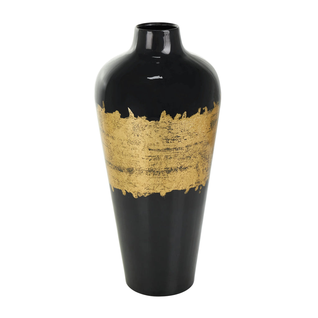 16" Abstract Black Metal Vase with Gold Detailing E87490