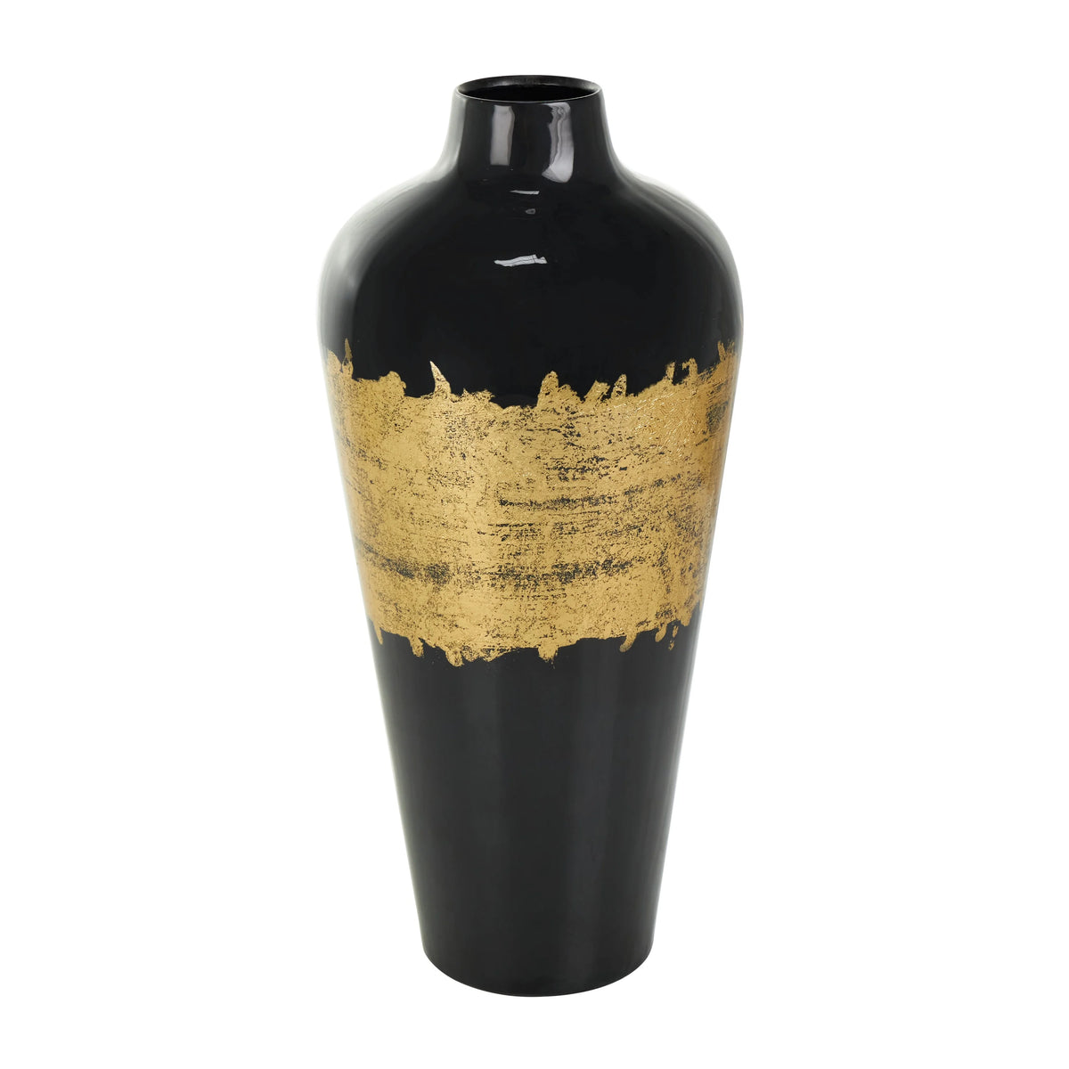 16" Abstract Black Metal Vase with Gold Detailing E87490