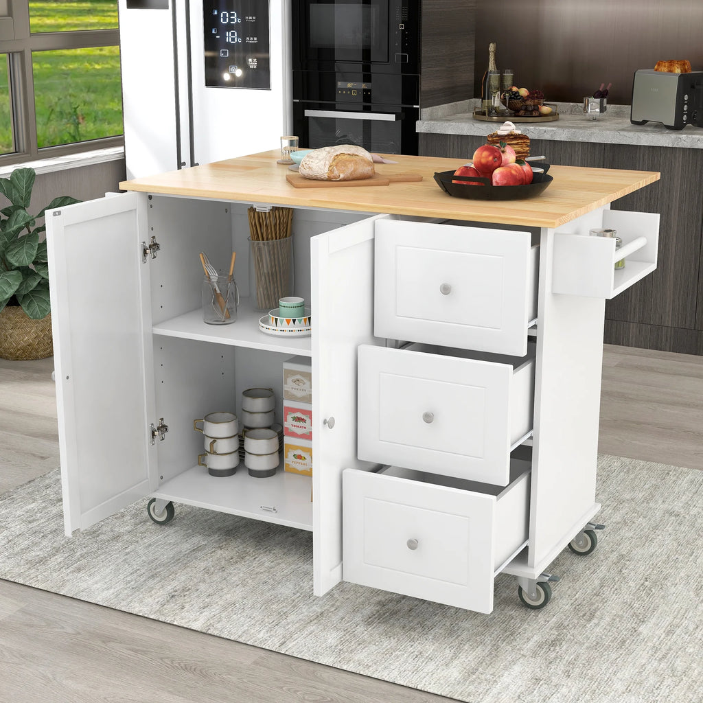 White Dining Island Cart with 2 Lockable Wheels and Drop-Leaf Tabletop X1260