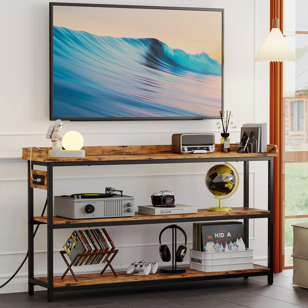 Rustic Brown 55" Console Table with Charging Station L3756