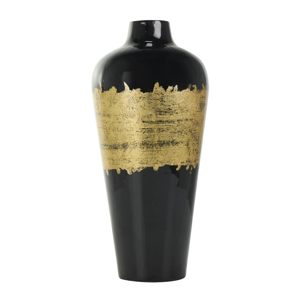 16" Abstract Black Metal Vase with Gold Detailing E87490