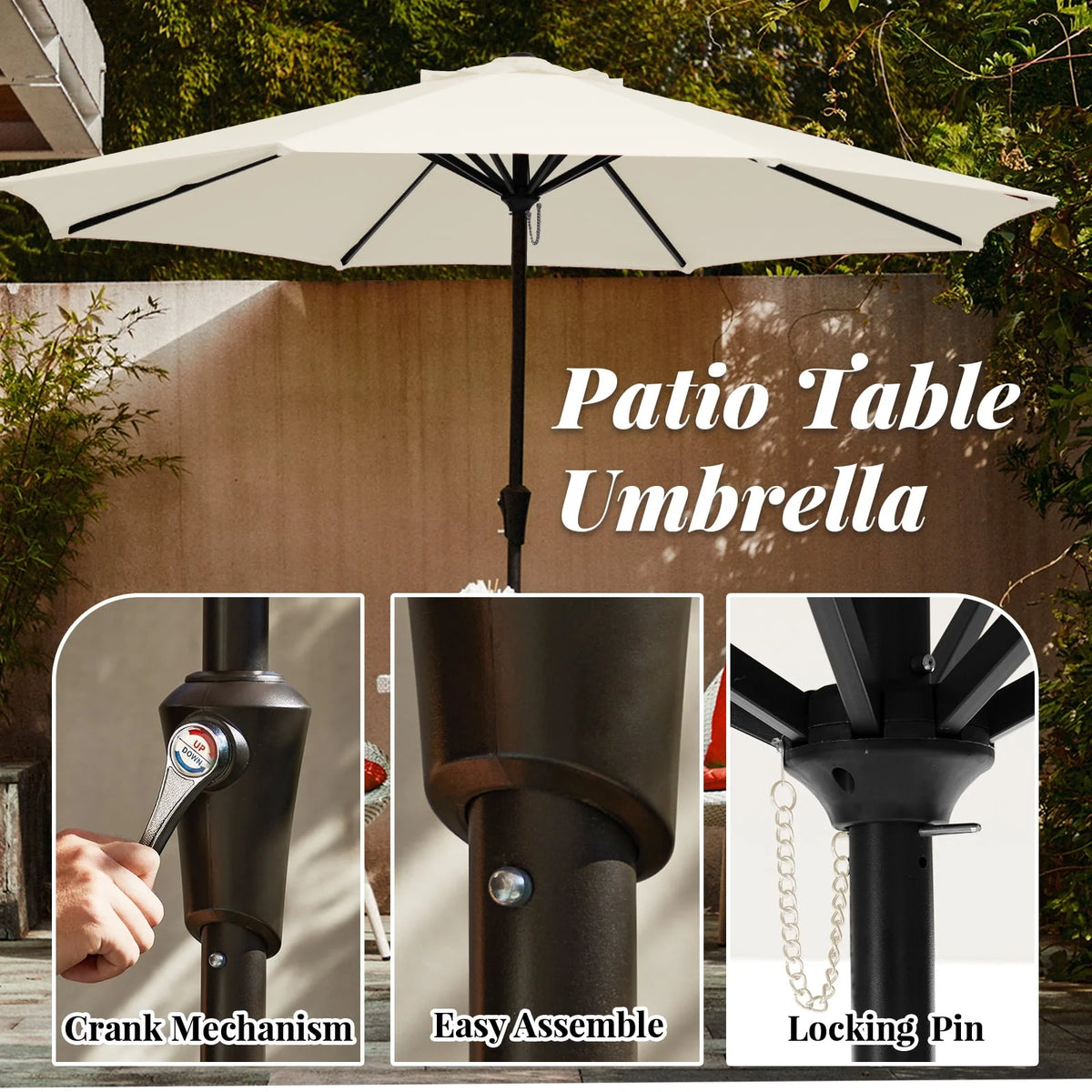 9' Outdoor Patio Umbrella with Push Button Tilt and Crank, Beige U9161
