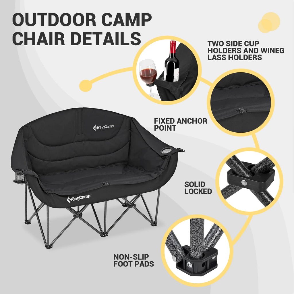Kingcamp Loveseat Camping Chair for Adult Double Camping Chair Folding Chair for Two People Heavy Duty Support Up to 440 lbs（Black） B901166