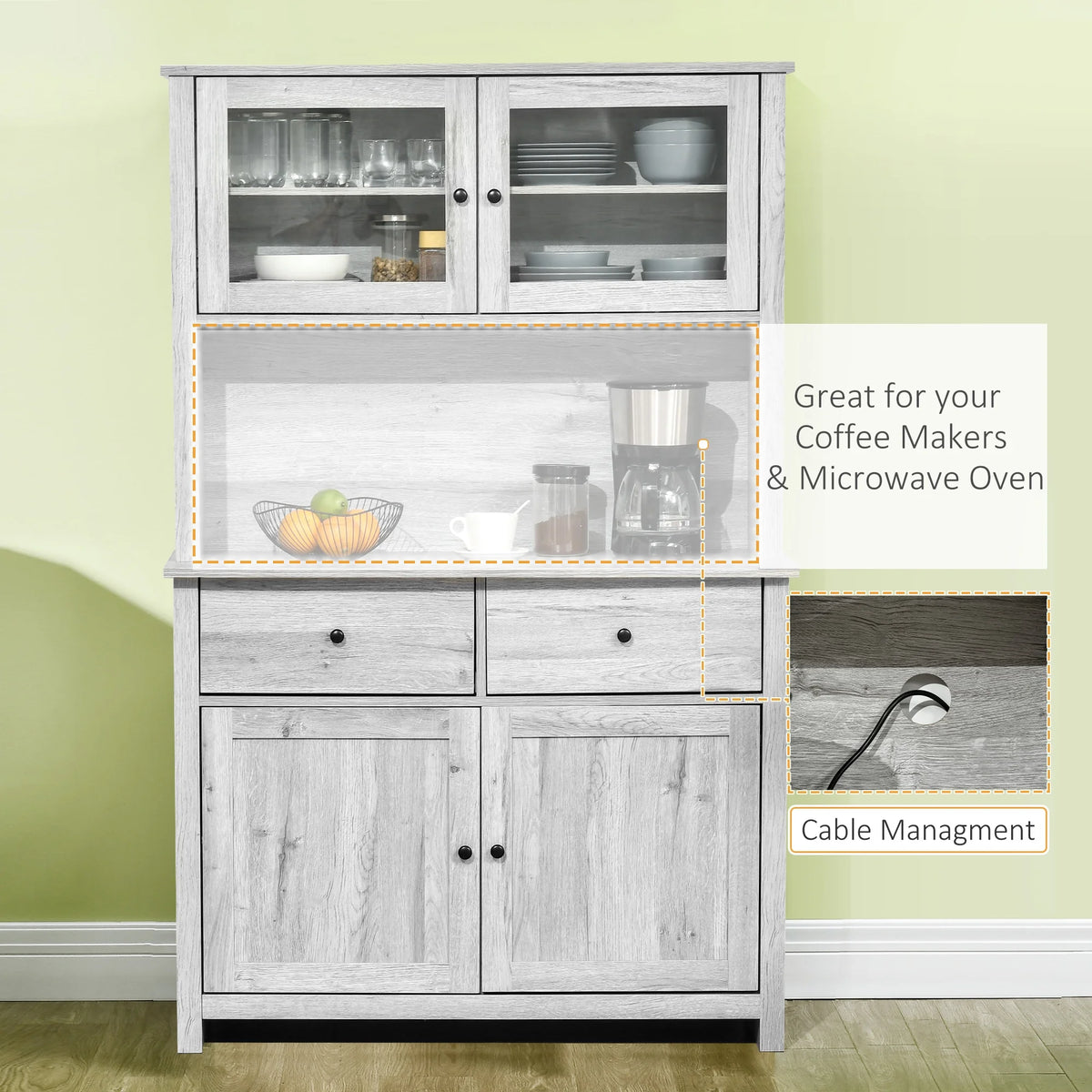Ash Grey Kitchen Buffet with Hutch and Framed Glass Doors C5445