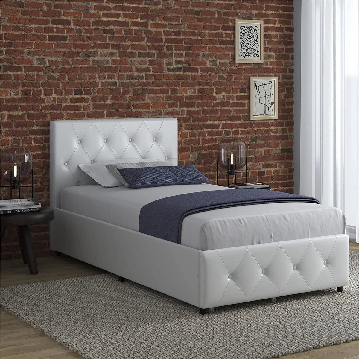 White Faux Leather Upholstered Platform Bed with Storage Drawers, Twin B8030
