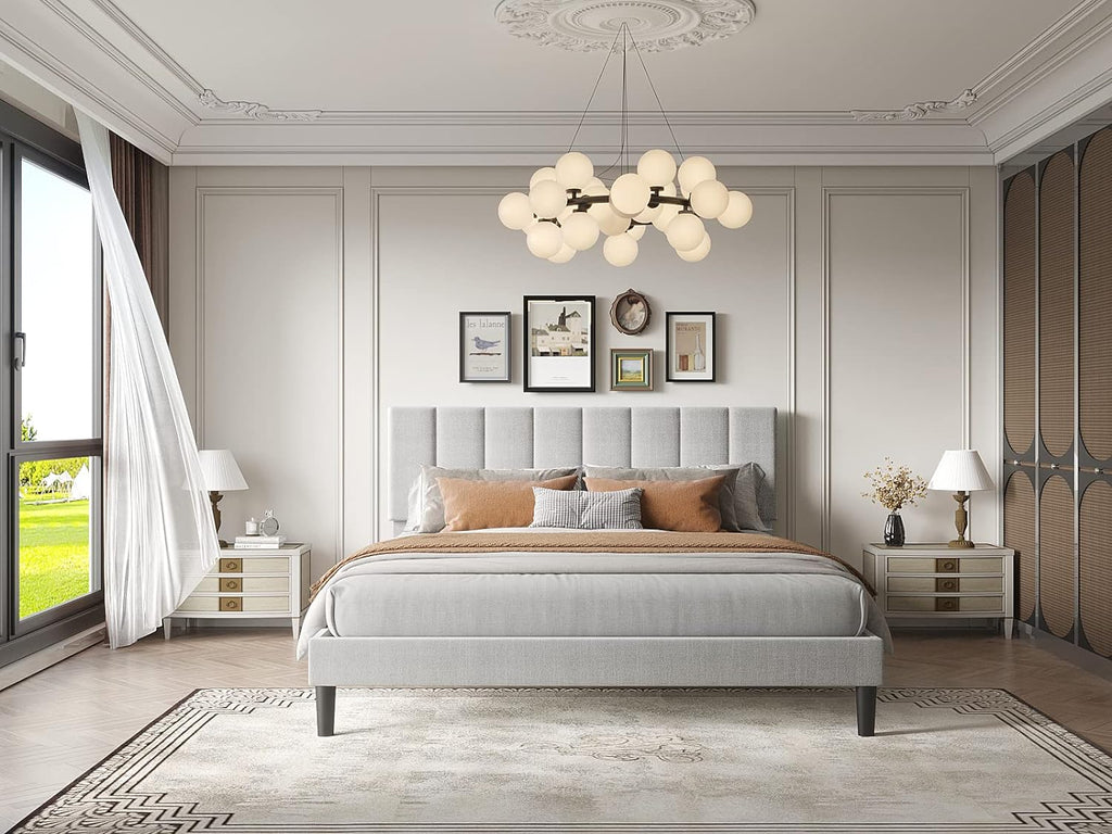 Queen Size Light Grey Linen Upholstered Platform Bed Frame X813346