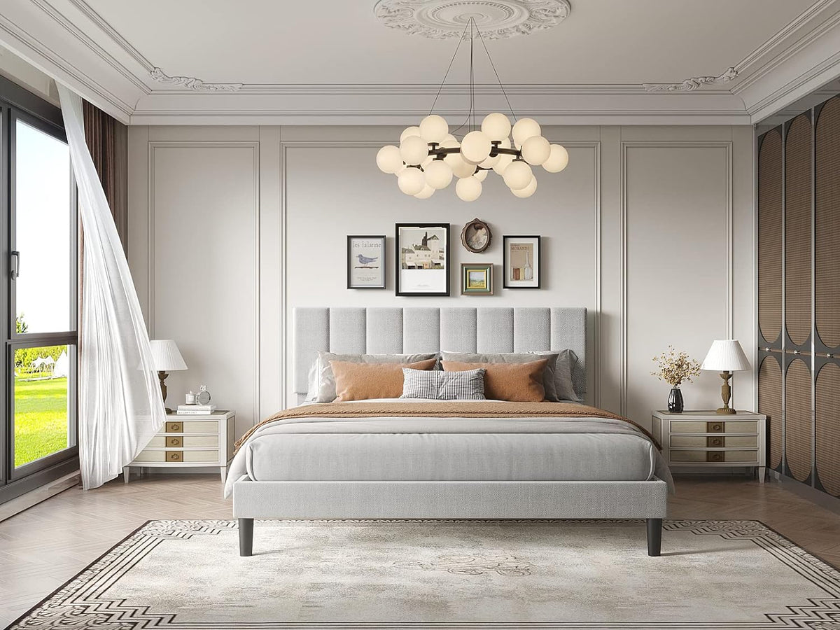 Queen Size Light Grey Linen Upholstered Platform Bed Frame X813346