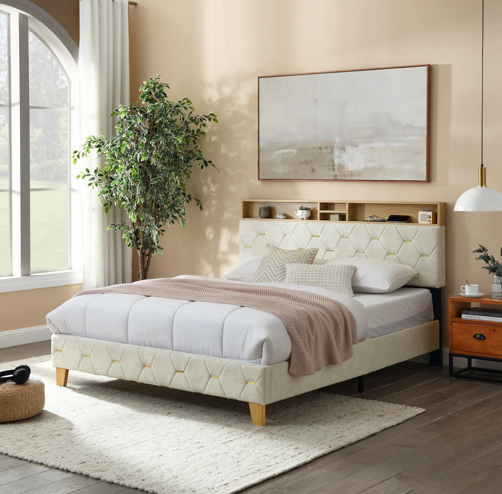Upholstered Bed 160 x 200 cm with USB and Storage Headboard U648013