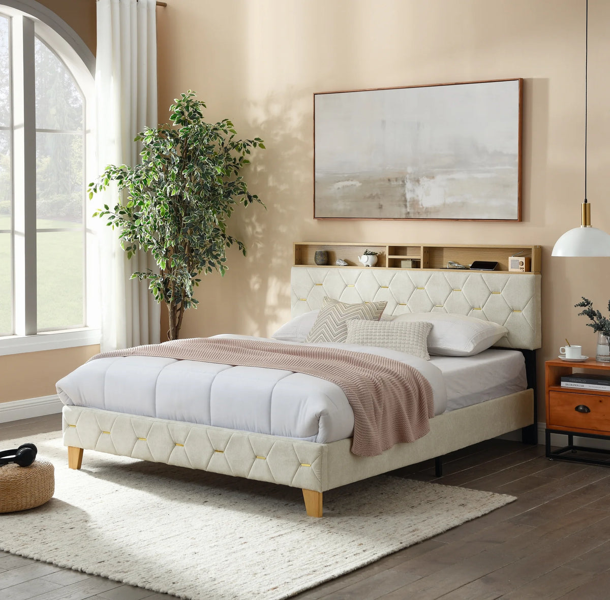 Upholstered Bed 160 x 200 cm with USB and Storage Headboard U648013