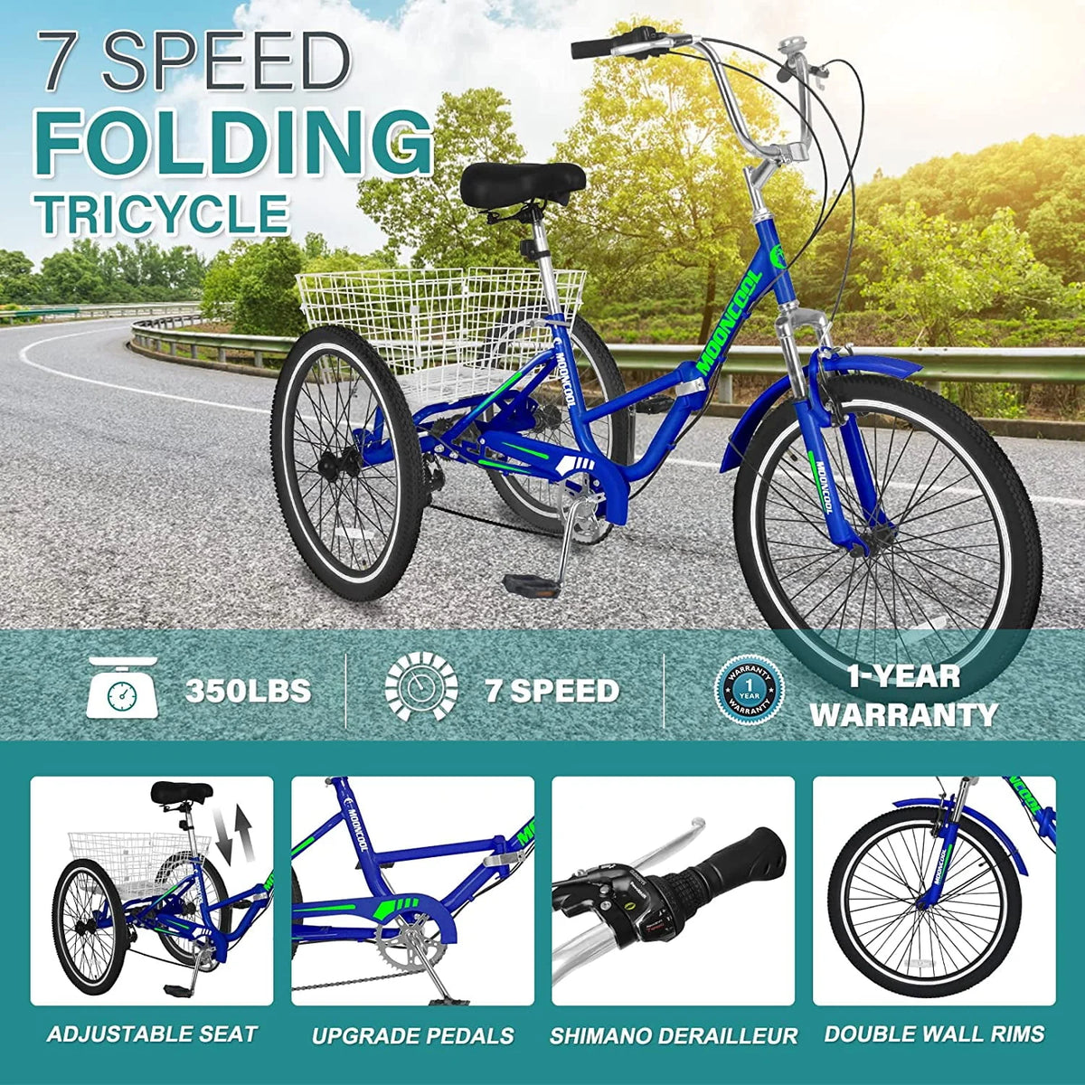 Folding 7 Speed Adult Tricycle with Large Basket V6693