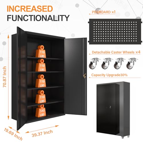 72 Inch Black Lockable Metal Storage Cabinet with Wheels H6383