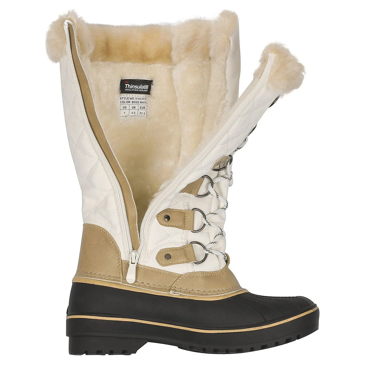 BEIGE/WHITE Waterproof Faux Fur Lined Mid Calf Snow Boots I3717