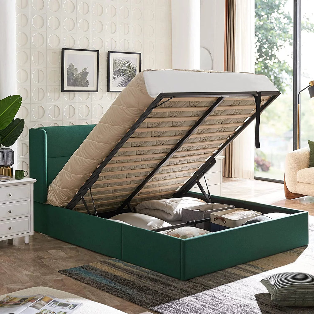 Queen Size Green Linen Upholstered Storage Bed Q642730