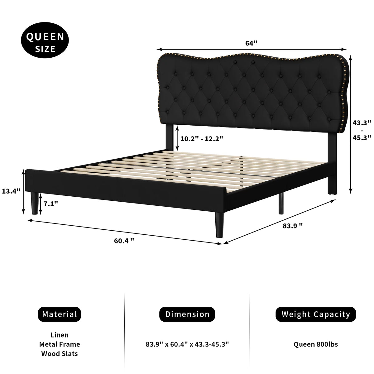 Queen Size Black Linen Upholstered Platform Bed with Tufted Headboard Y2457