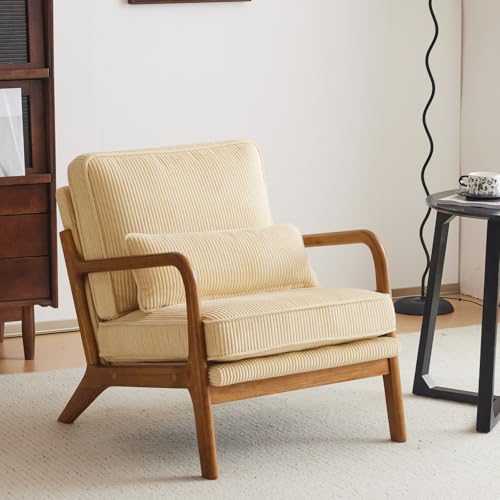 Beige Yellow Corduroy Accent Chair with Pillow U70003