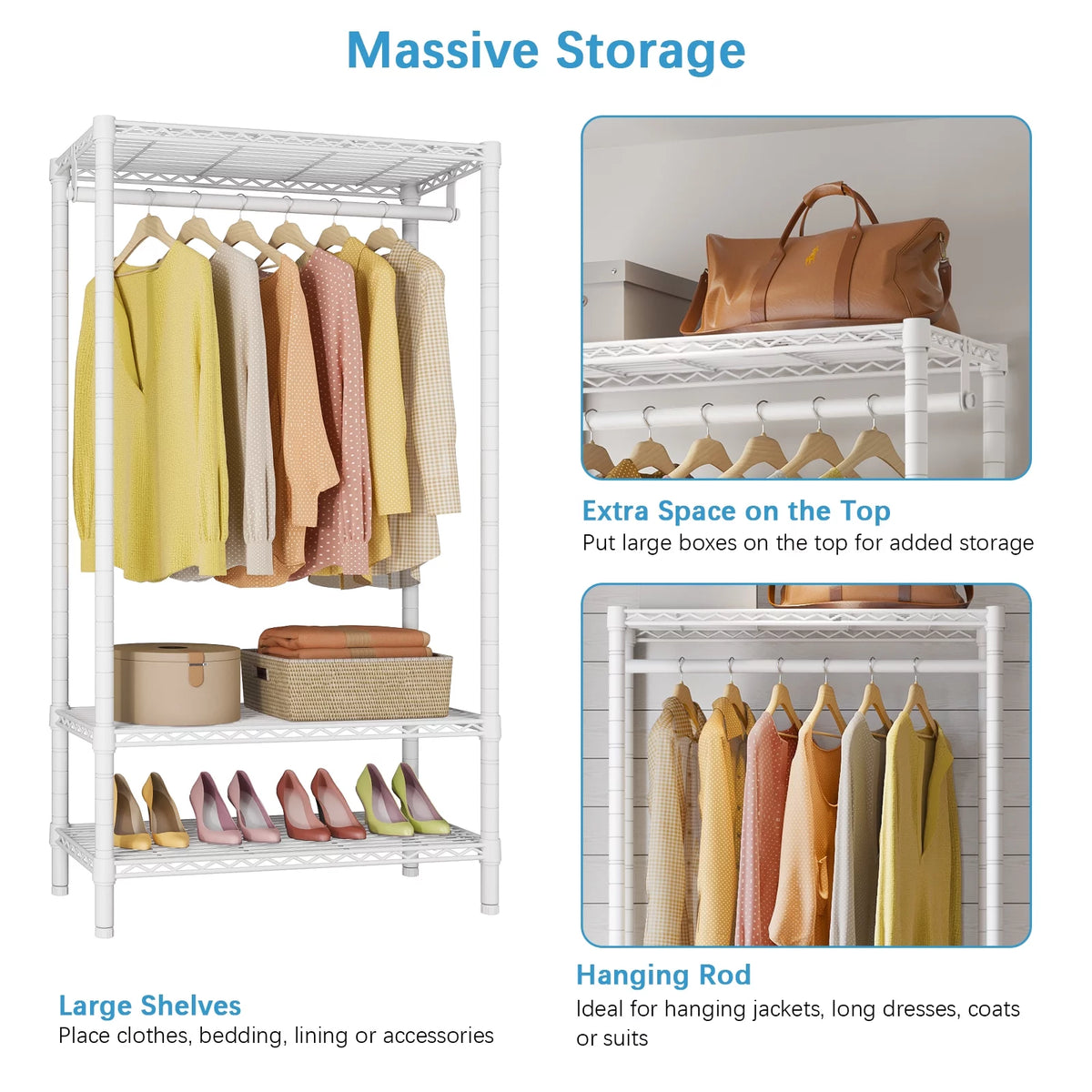 Heavy Duty 3 Tier Garment Rack with Adjustable Wire Shelving J3755