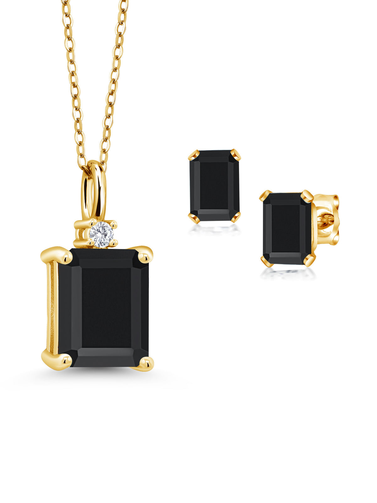 18K Yellow Gold Plated Black Onyx and White Diamond Pendant and Earrings Jewelry Set V60505
