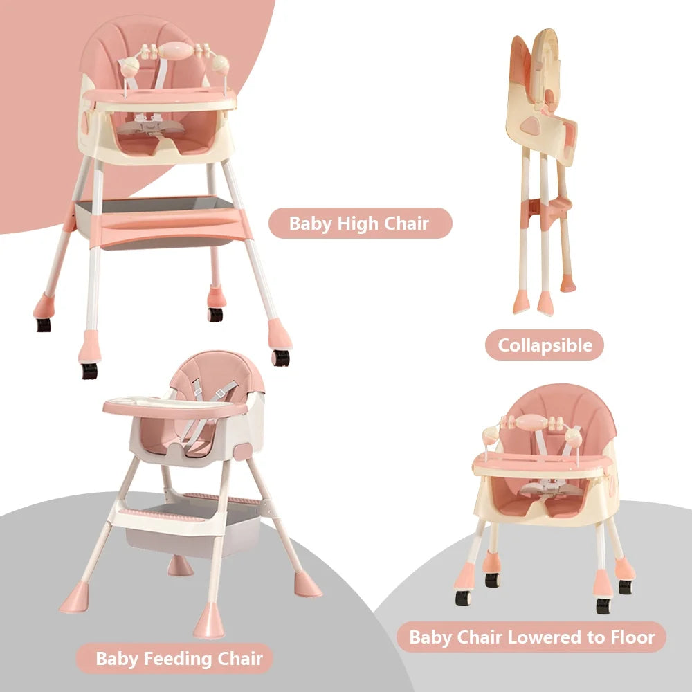 Pink 4-in-1 Baby Highchair with Five-Point Snap Button S8289
