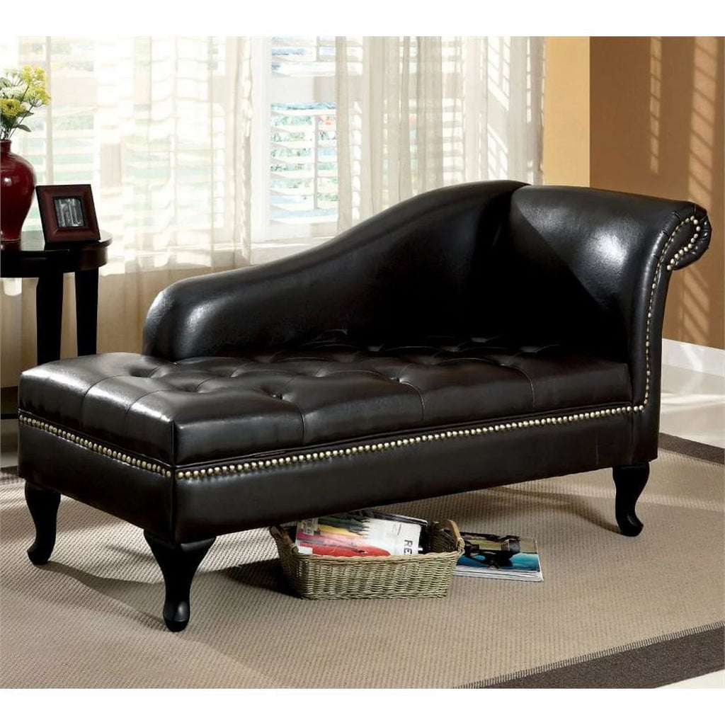 Black Faux Leather Tufted Storage Chaise Lounge D1223