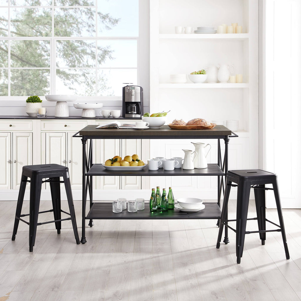 3 Piece Kitchen Island 2 Stools Set Brown Black A3981
