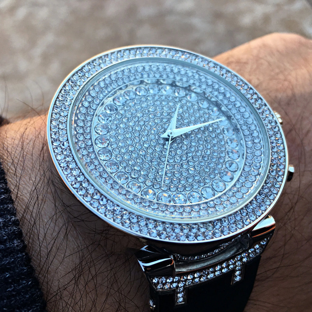 Silver Tone Hip Hop Watch with Black Band P14493