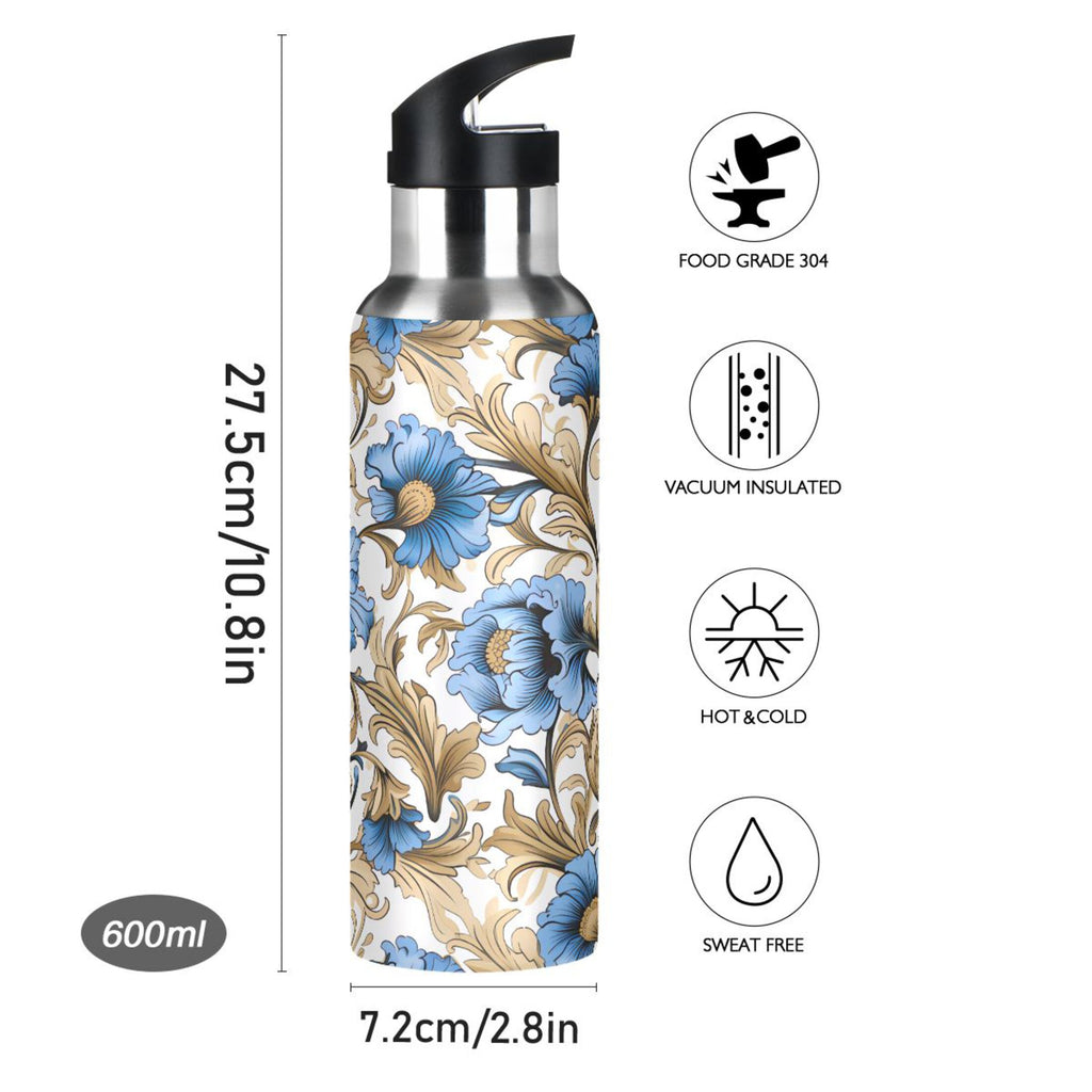 Blue Flowers Gold Leaves Stainless Steel Insulated Water Bottle A739